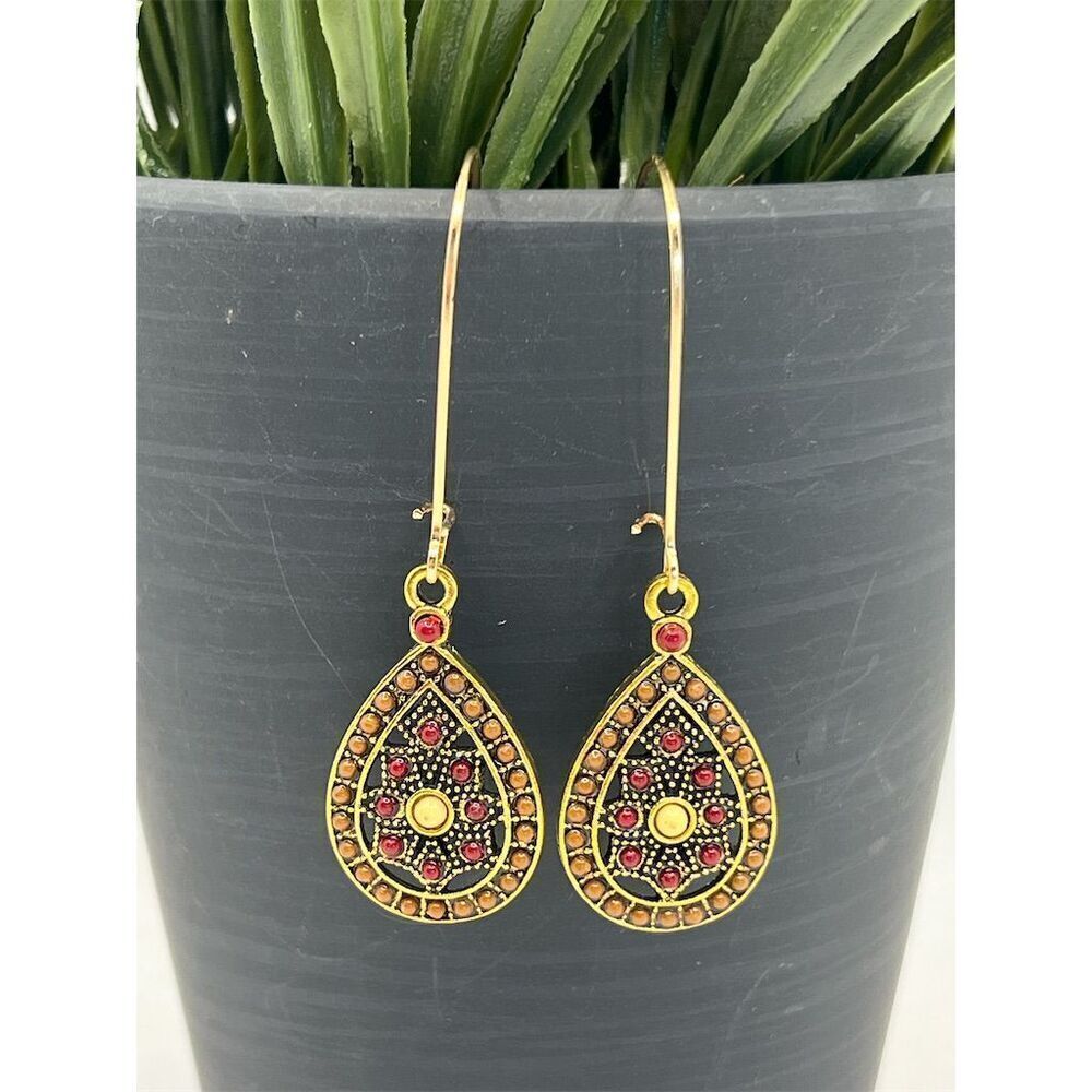 Bohemian Gold & Red Teardrop Dangle Earrings Kidney Wire